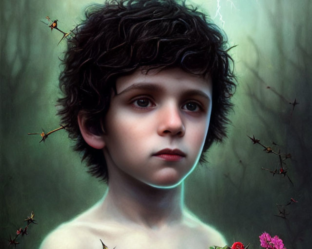 Child with dark curly hair holding nest and flowers against stormy backdrop