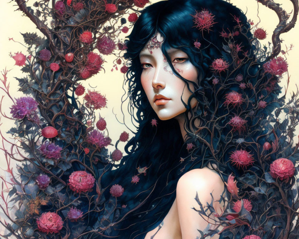 Fantastical portrait of woman with dark hair among intricate branches and crimson flowers