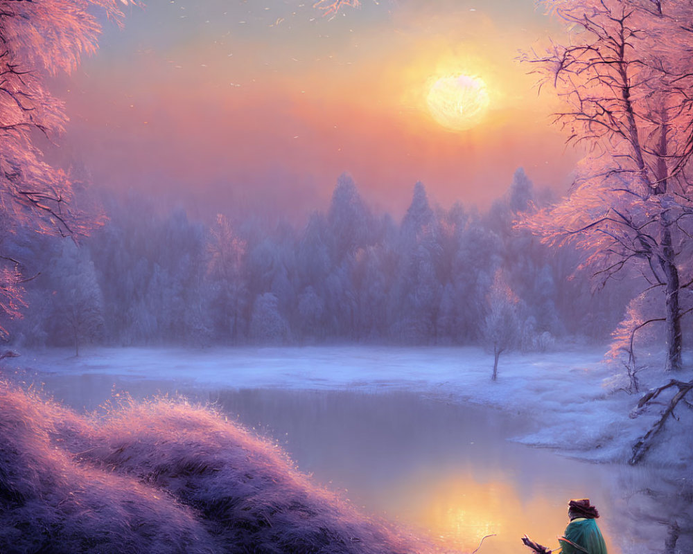 Tranquil winter fishing scene by snow-covered lake