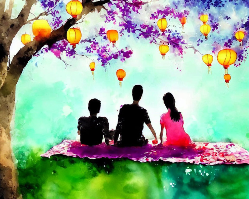 Colorful Lanterns Adorned Tree Silhouettes in Vibrant Watercolor