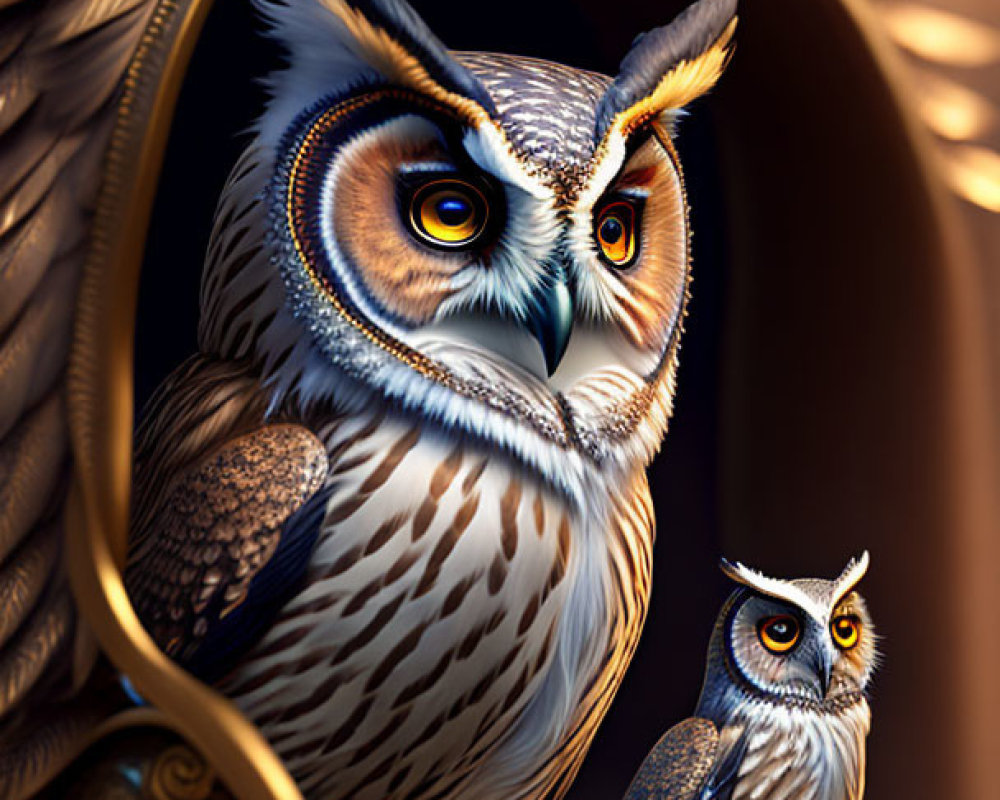 Detailed Illustration of Fantastical Owls Beside Ornate Mirror