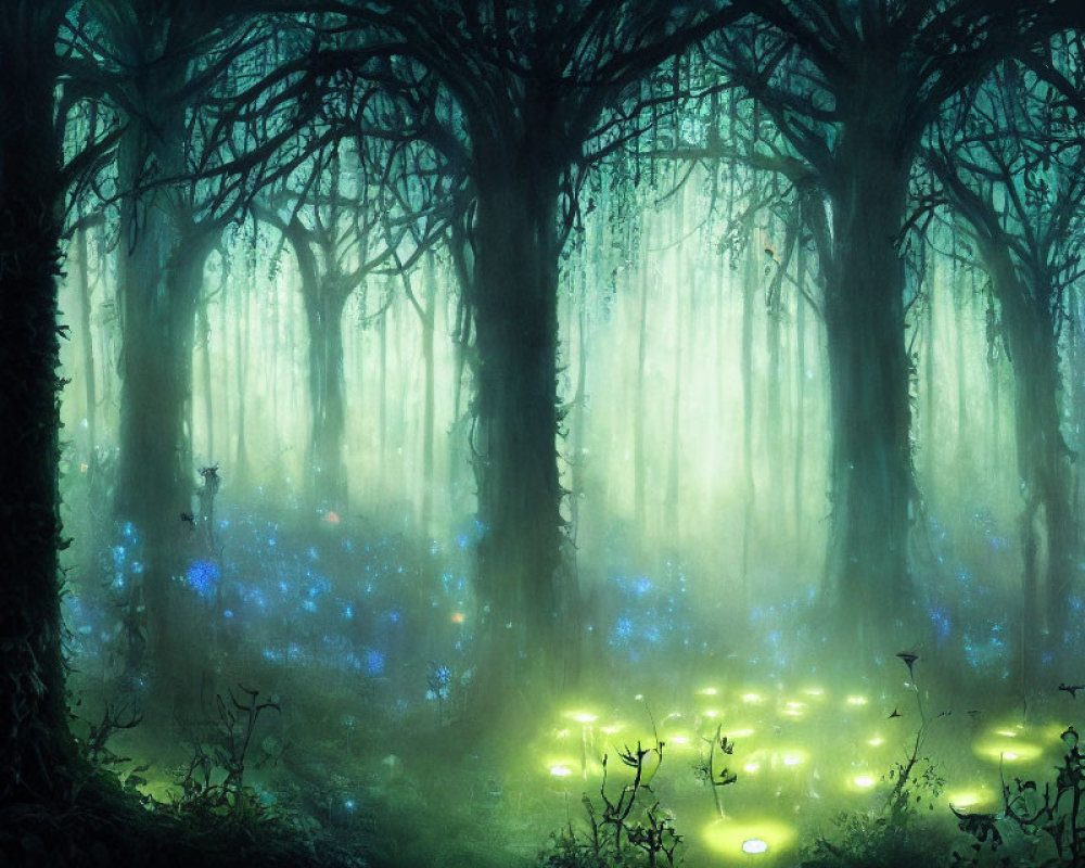 Ethereal forest with glowing lights, twisted trees, blue hues, and purple flowers