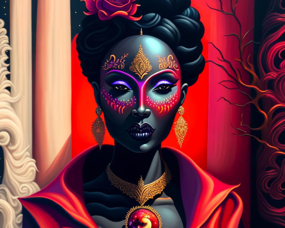 Stylized digital illustration of purple-skinned woman with ornate markings and gold jewelry in mystical setting