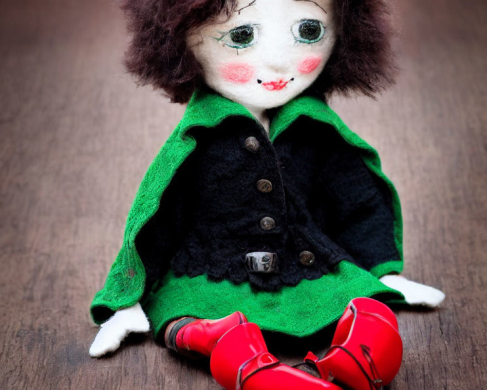 Handmade doll with black hair, green coat, white dress, and red boots on wooden surface