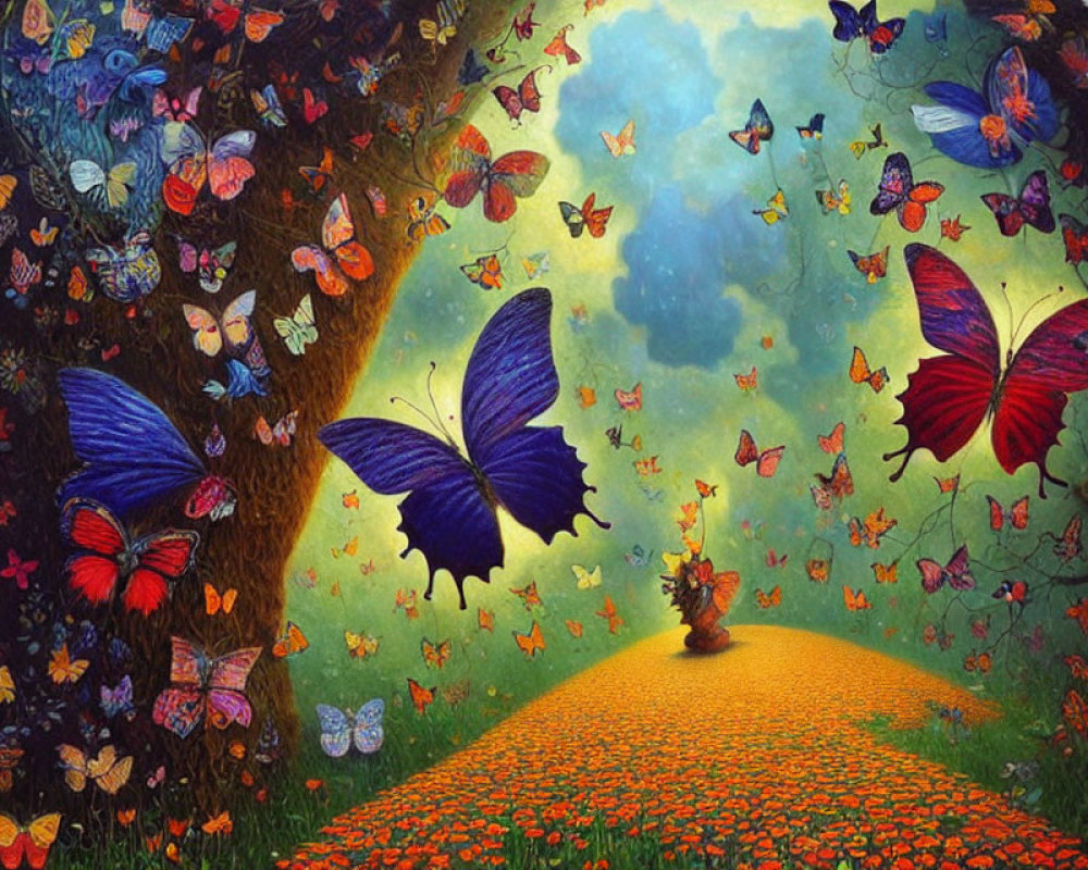 Colorful butterflies fluttering in sunlit clearing with yellow brick road