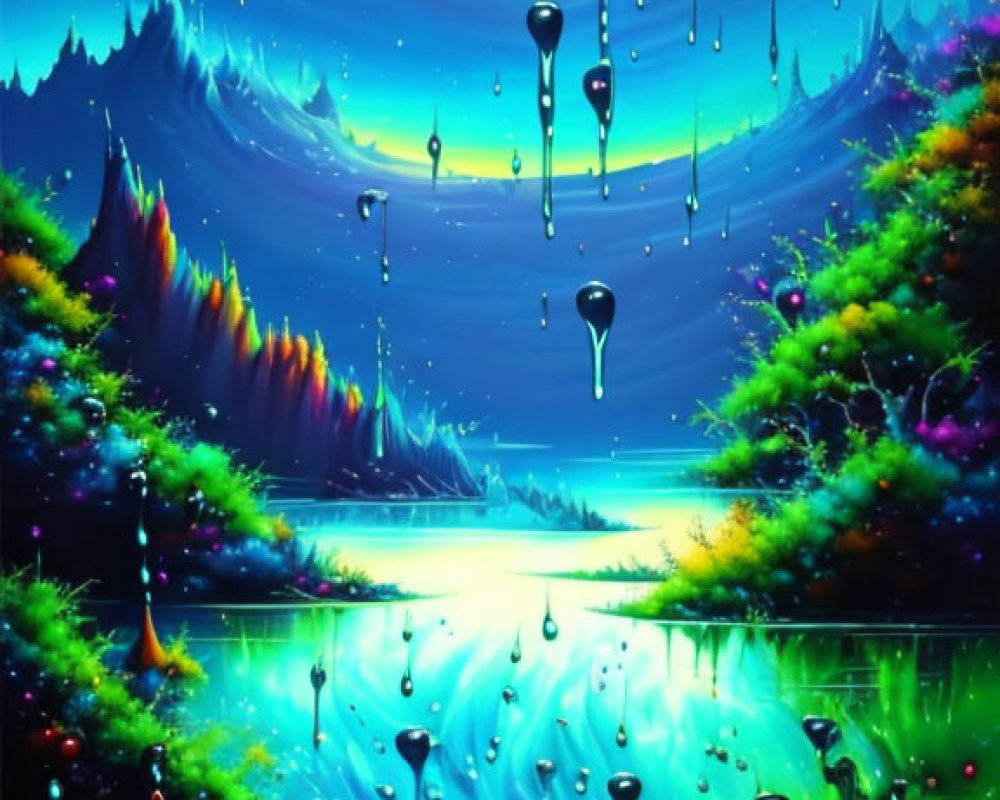 Colorful Fantasy Landscape with Luminous Trees and Reflective Lake