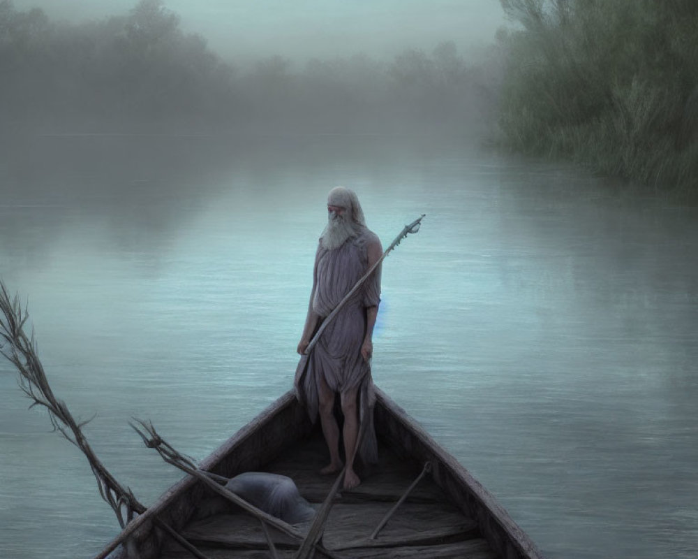 Elderly bearded man in robes on misty river boat