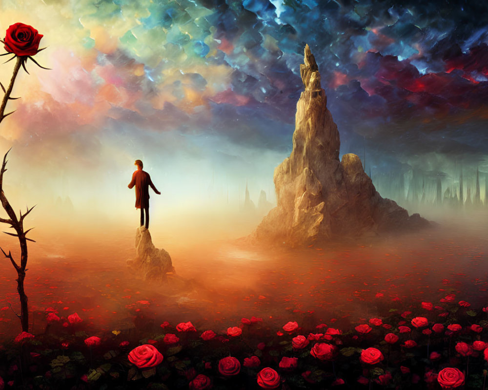 Surreal landscape with person, roses, tree, and misty formations