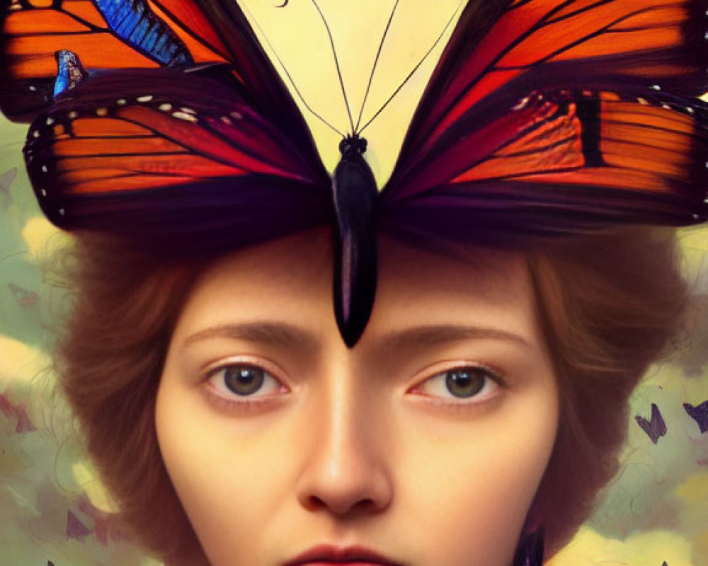 Person portrait with butterflies forming crown above eyebrows