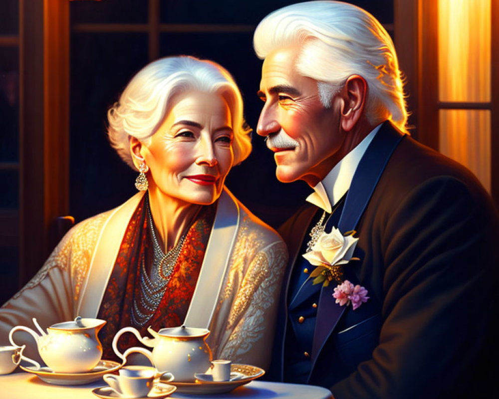 Elegant elderly couple enjoying tea at event in evening light