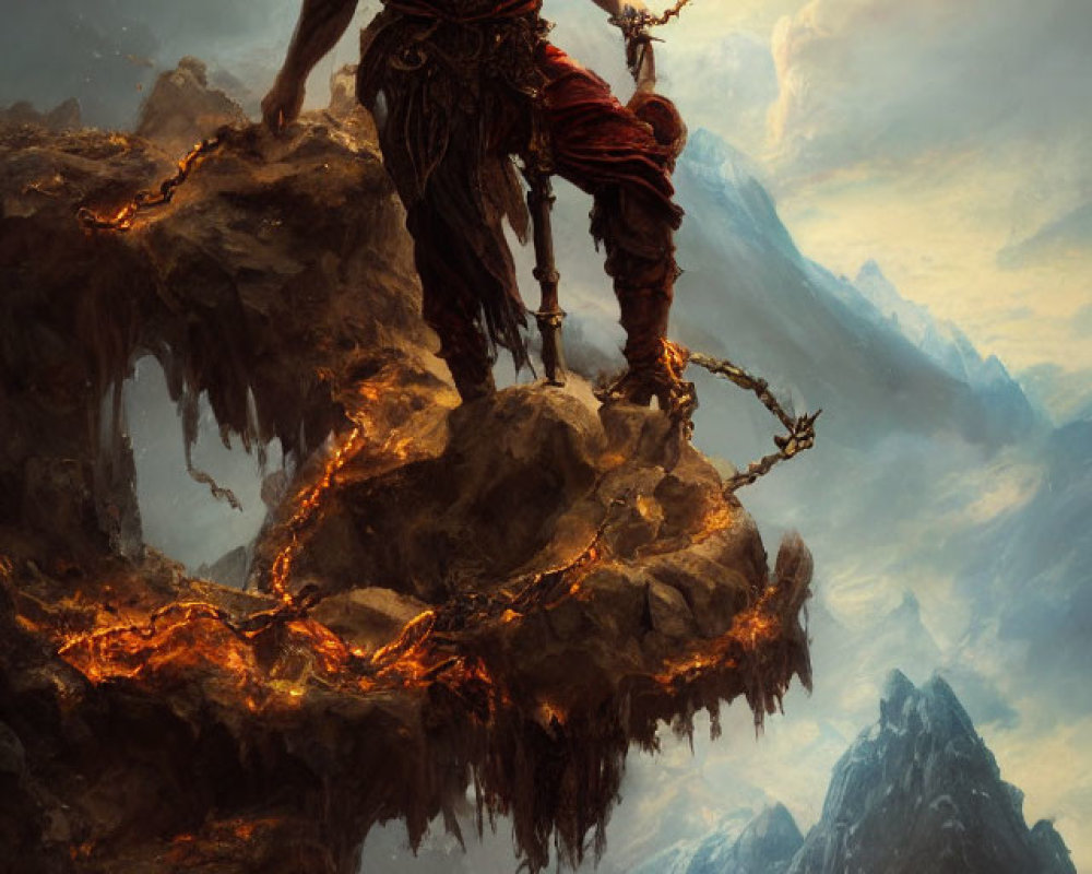 Majestic warrior on volcanic cliff with chains and fiery landscape