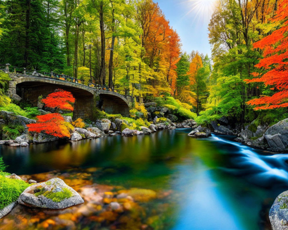 Tranquil river under stone bridge in vibrant autumn forest