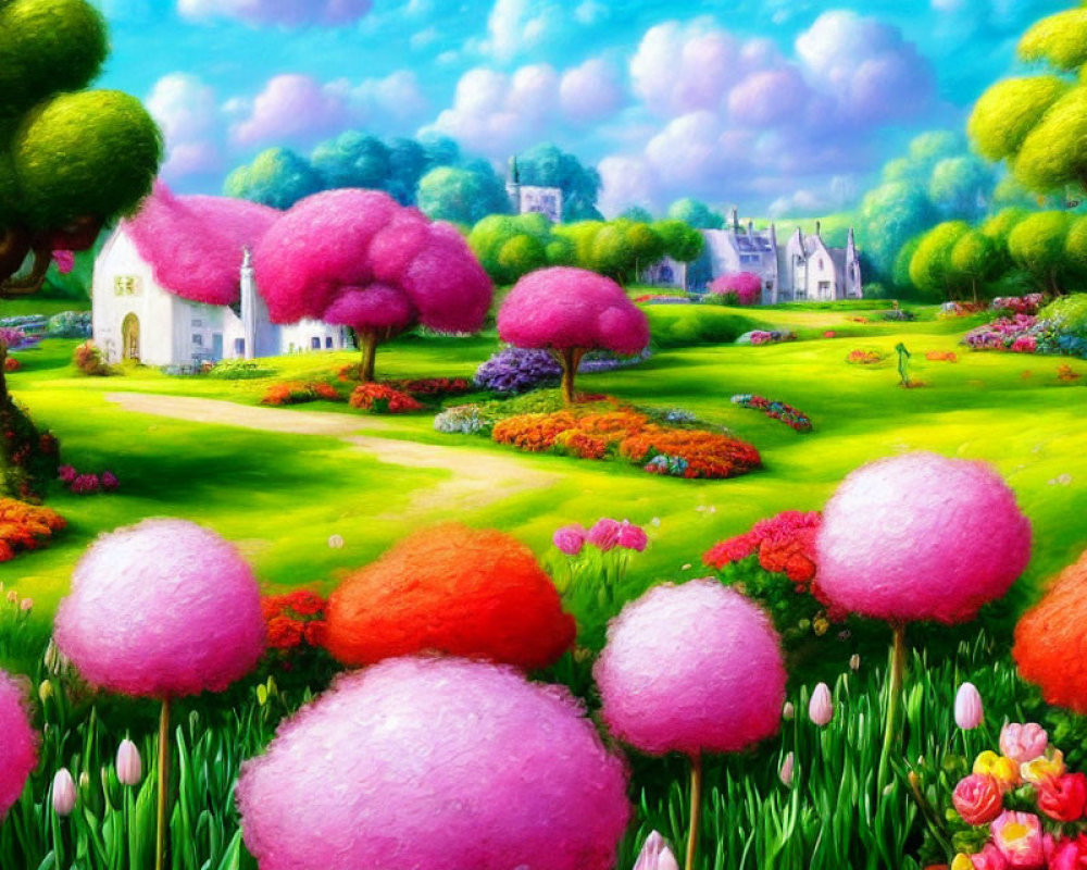 Whimsical landscape with pink trees, castle, greenery & flowers