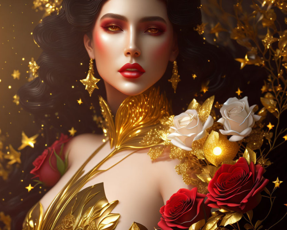 Luxurious woman portrait with striking makeup and golden leaves, stars, red roses