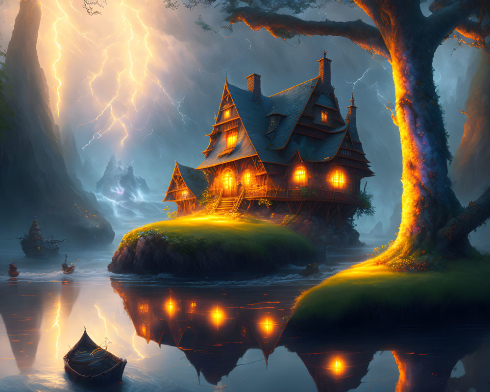 Charming cottage by serene lake under dramatic sky with lightning.