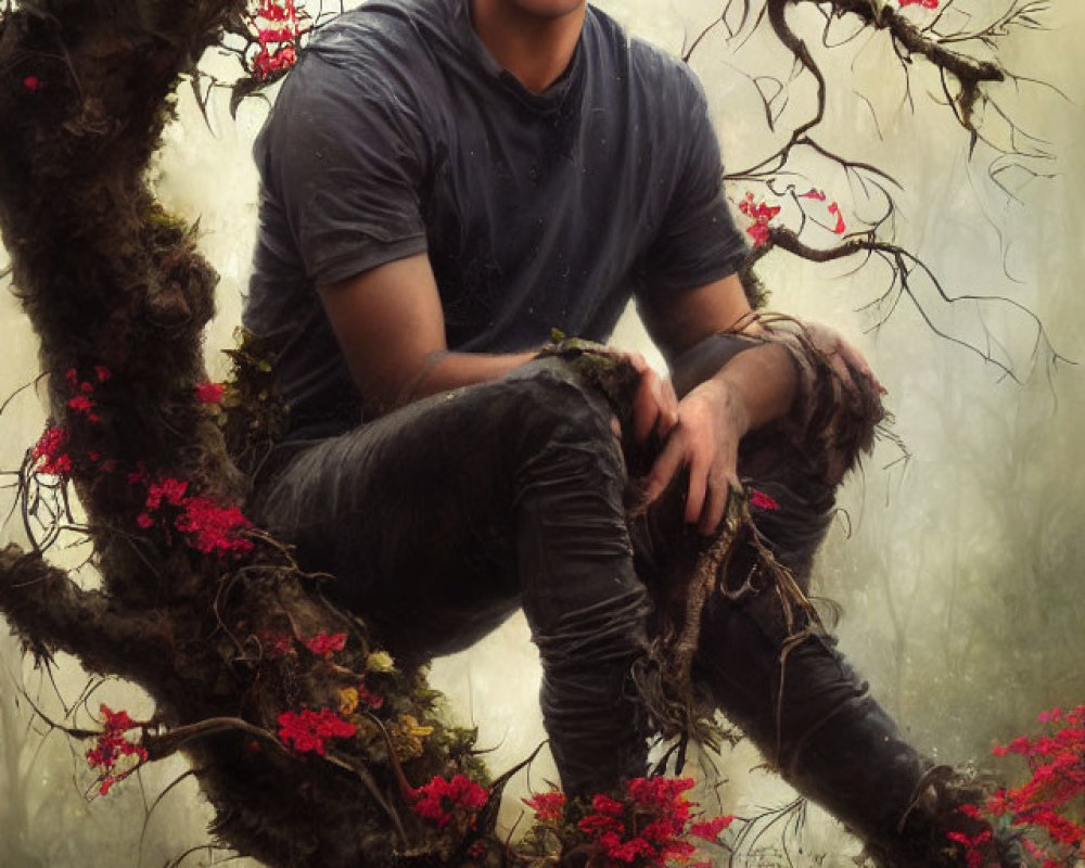 Dark-Haired Young Man Sitting on Tree Branch Amid Red Blossoms