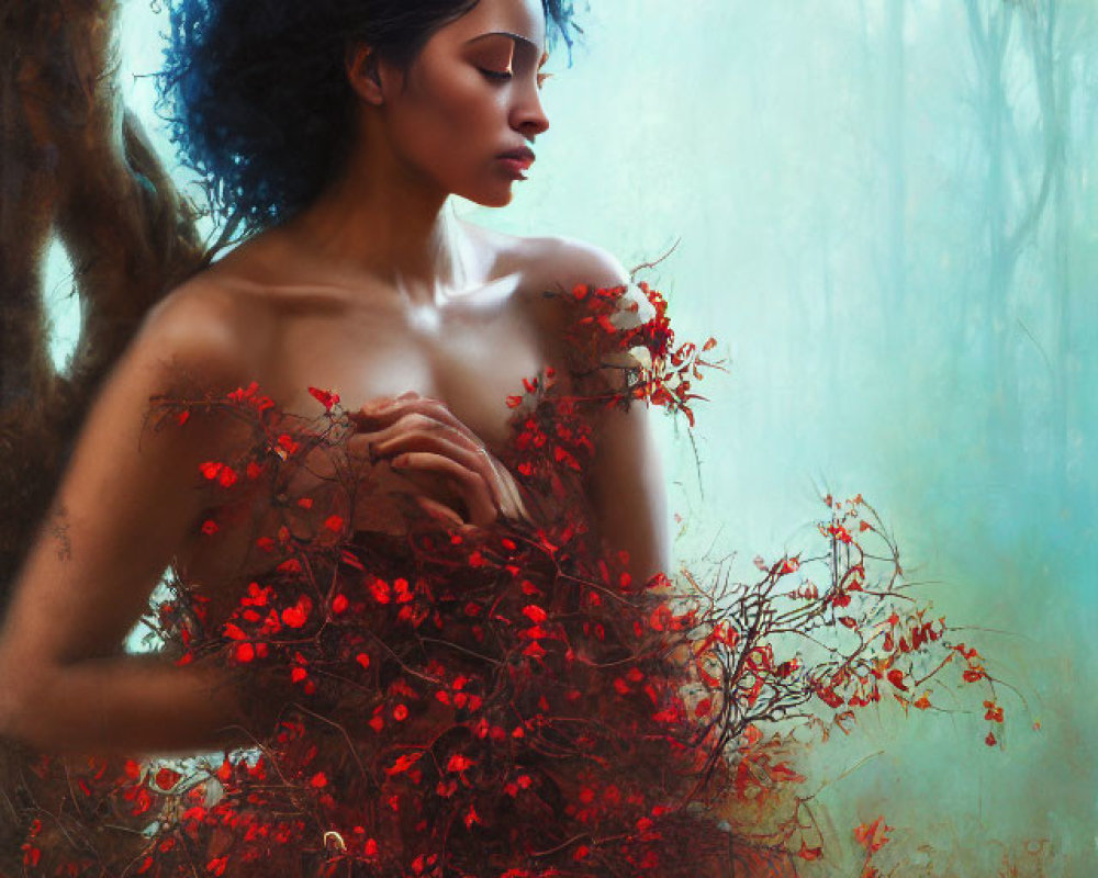 Blue-haired woman blending with a tree surrounded by red flowers in mystical forest.