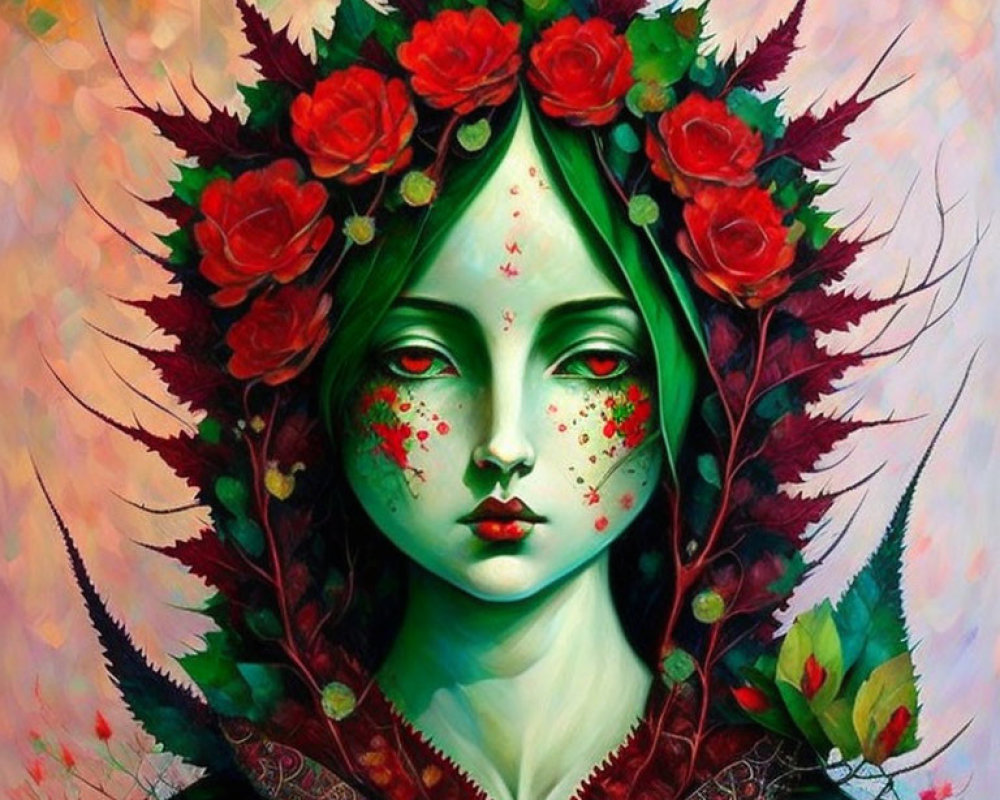 Green-skinned figure with rose crown on colorful background