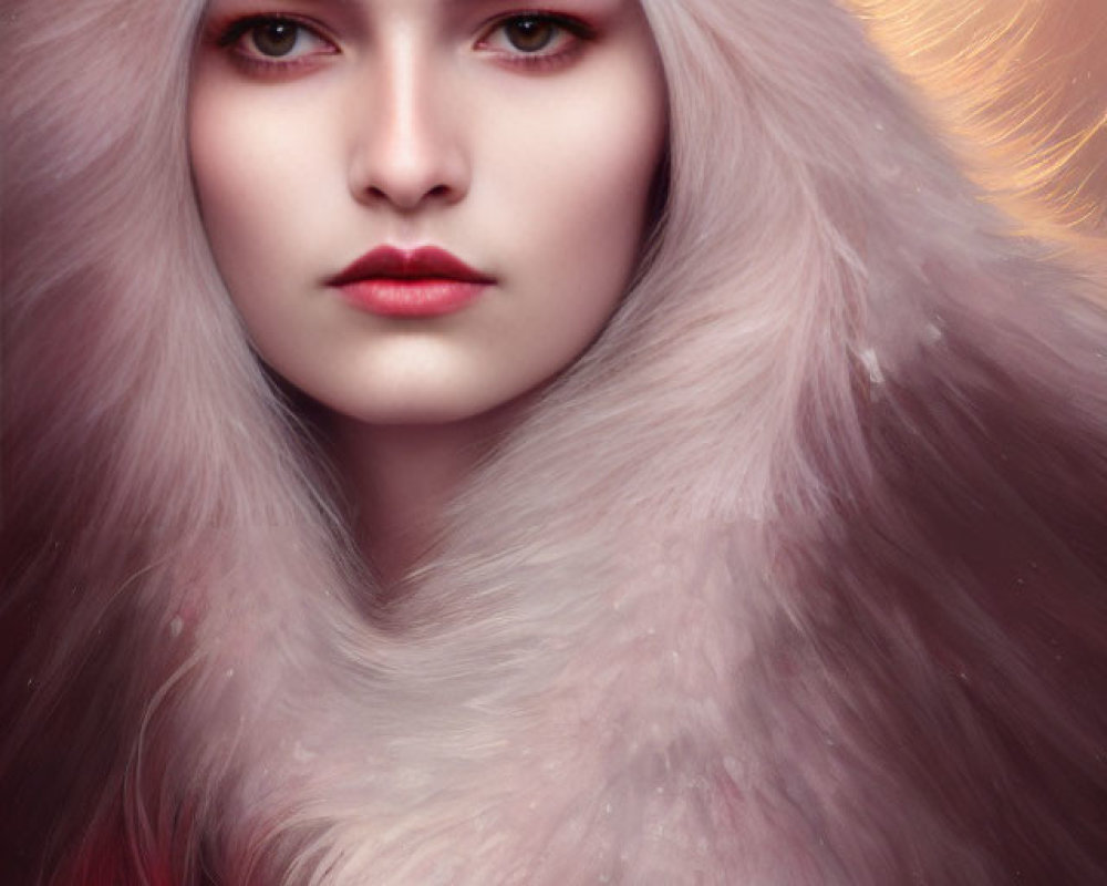 Portrait of Woman with Pale Skin, Red Lips, Fur Cloak, Crown against Warm Backdrop