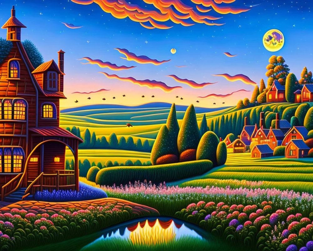 Colorful Dusk Landscape with Cottage, Hills, and Crescent Moon