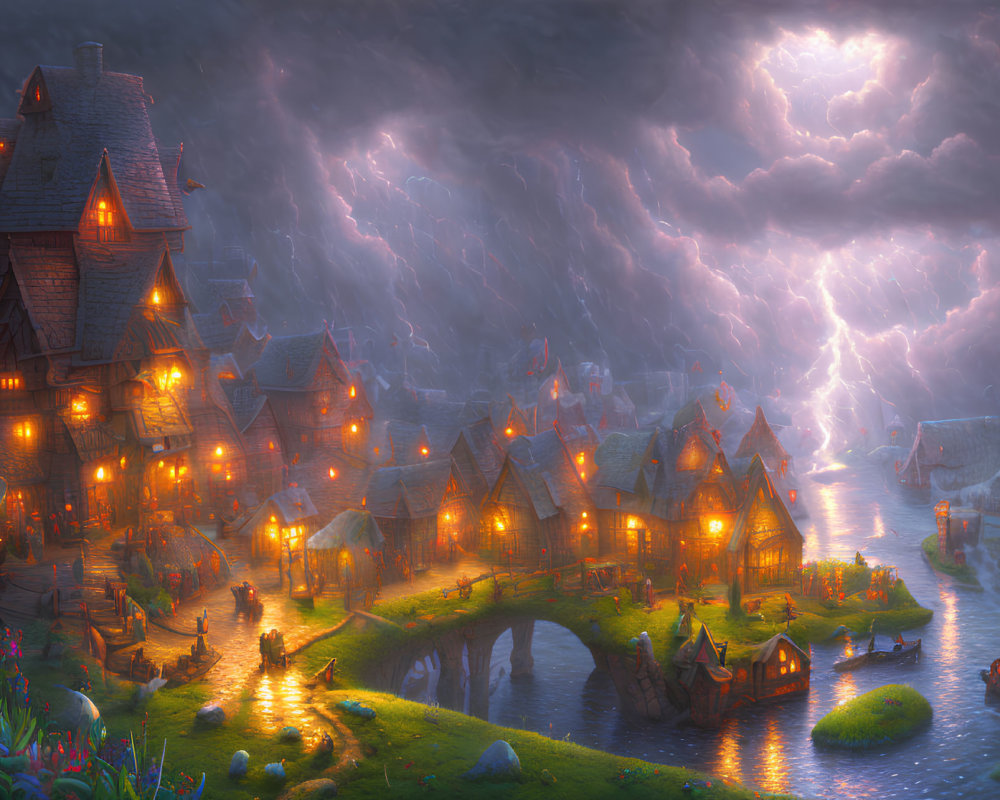 Medieval village at night during storm with cozy houses and stone bridge