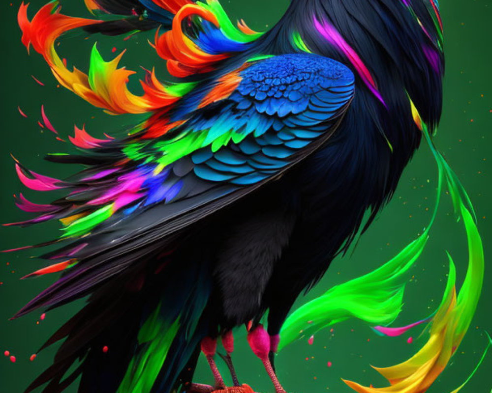 Colorful Bird Artwork on Branch Against Dark Green Background