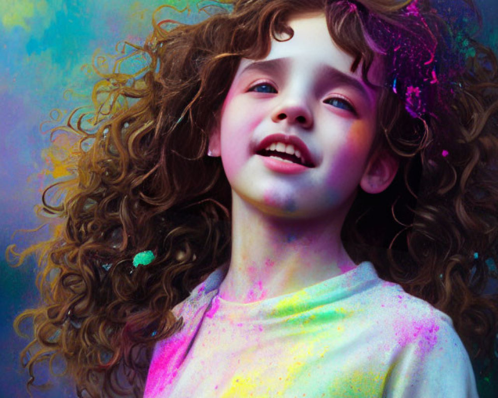 Curly-Haired Girl Smiling in Colorful Paint Splatter Portrait