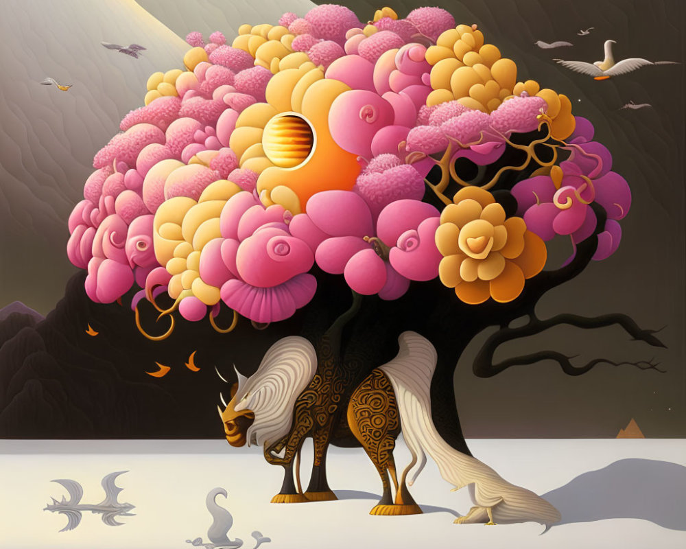 Colorful surreal painting of stylized tree with balloon-like foliage and zebra-striped trunk on monoch