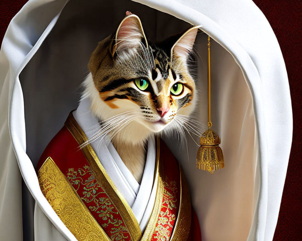 Green-eyed cat in red & gold robe with scepter - digital art