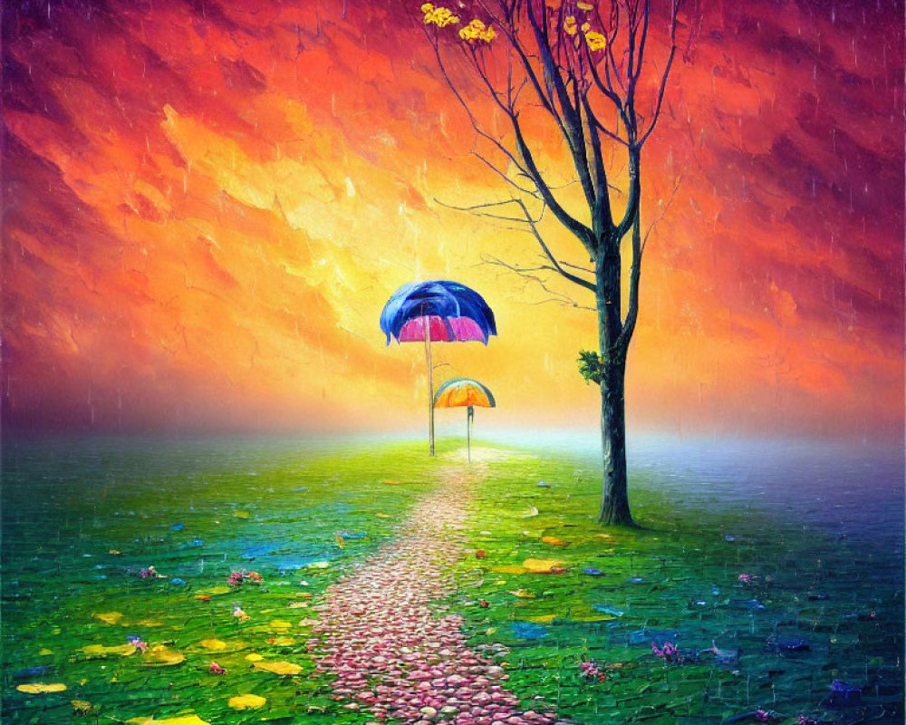 Colorful surreal painting: cobblestone path, floating umbrellas, lone tree, vibrant leaves,