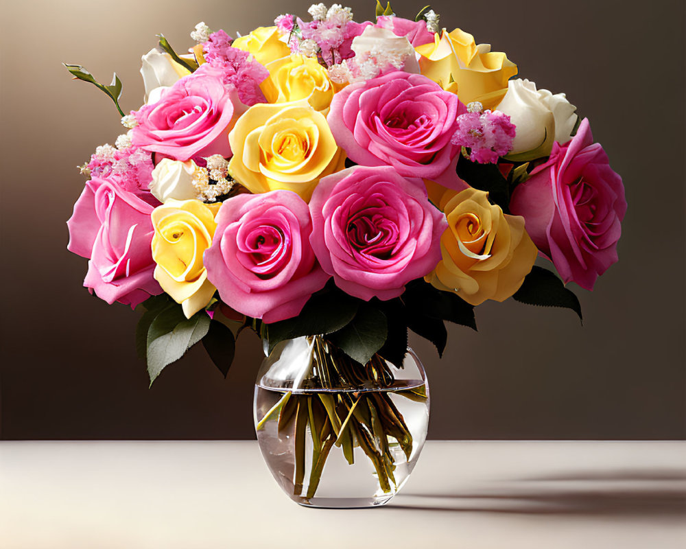 Colorful Rose Bouquet in Clear Glass Vase on Neutral Background