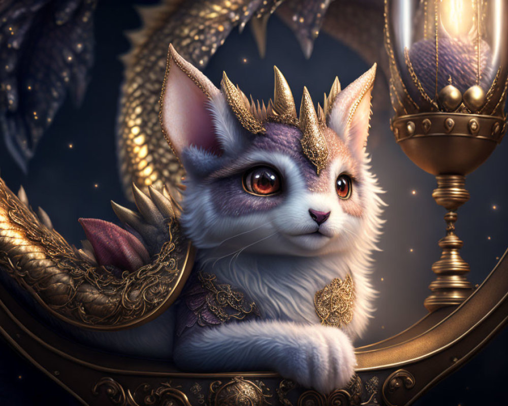 Fantasy cat with dragon wings, crown, armor, and lantern in starry setting