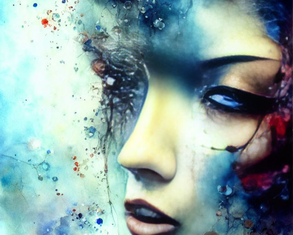 Abstract watercolor painting of woman's face with vibrant splashes