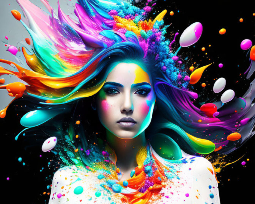 Colorful Paint Splashes Adorn Woman in Artistic Portrait