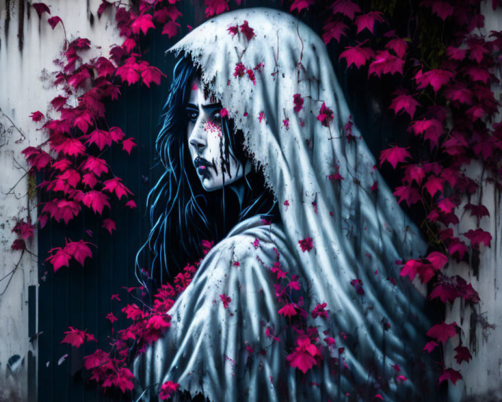 Somber woman in white sheet with red leaves on dark background