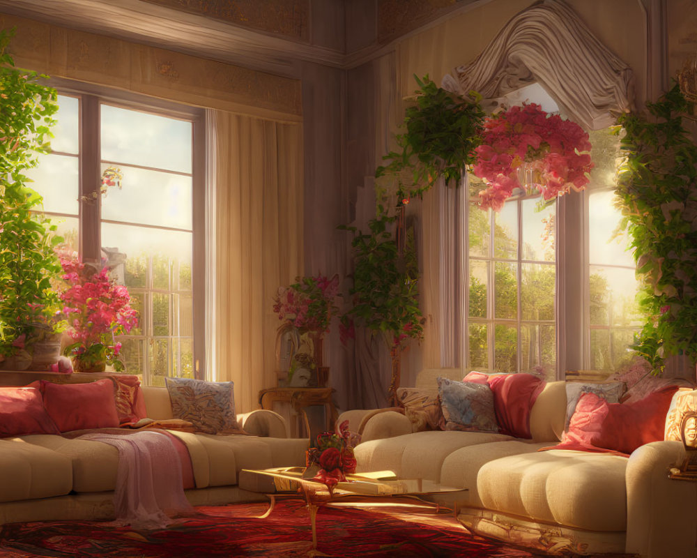 Vintage Room with Plush Sofas, Floral Drapes, and Blooming Pink Flowers