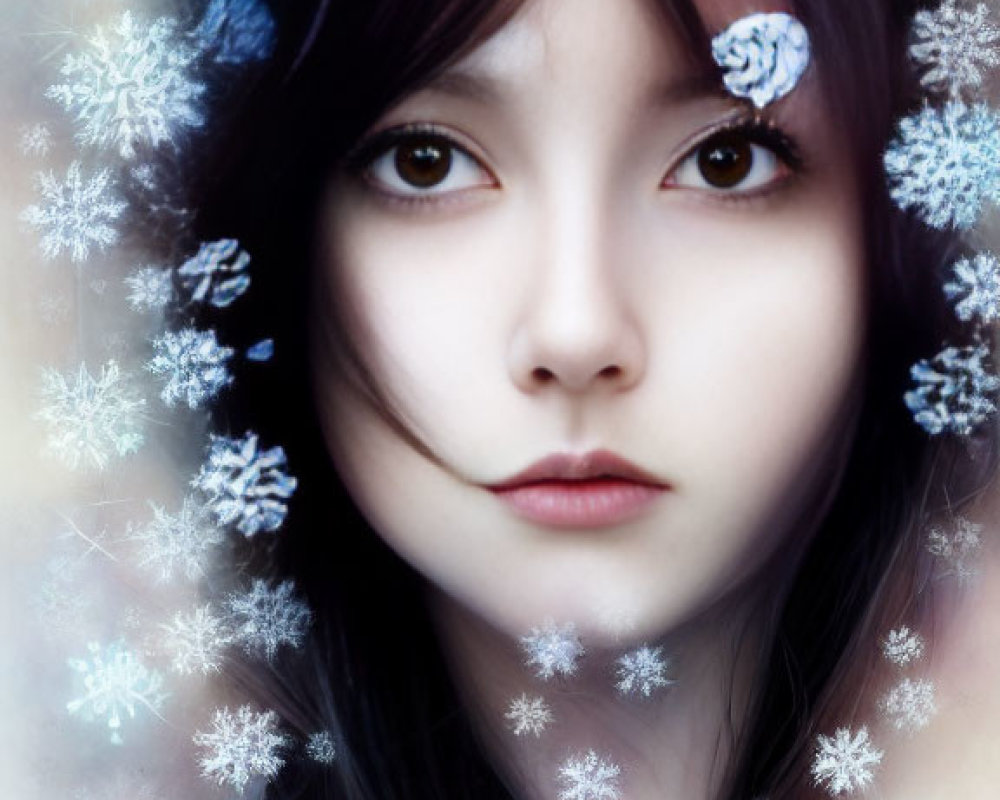 Portrait of Woman with Pale Skin and Dark Hair Adorned with Snowflake Designs