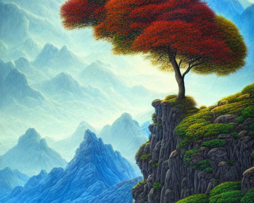 Solitary tree with red foliage on cliff overlooking misty blue mountains