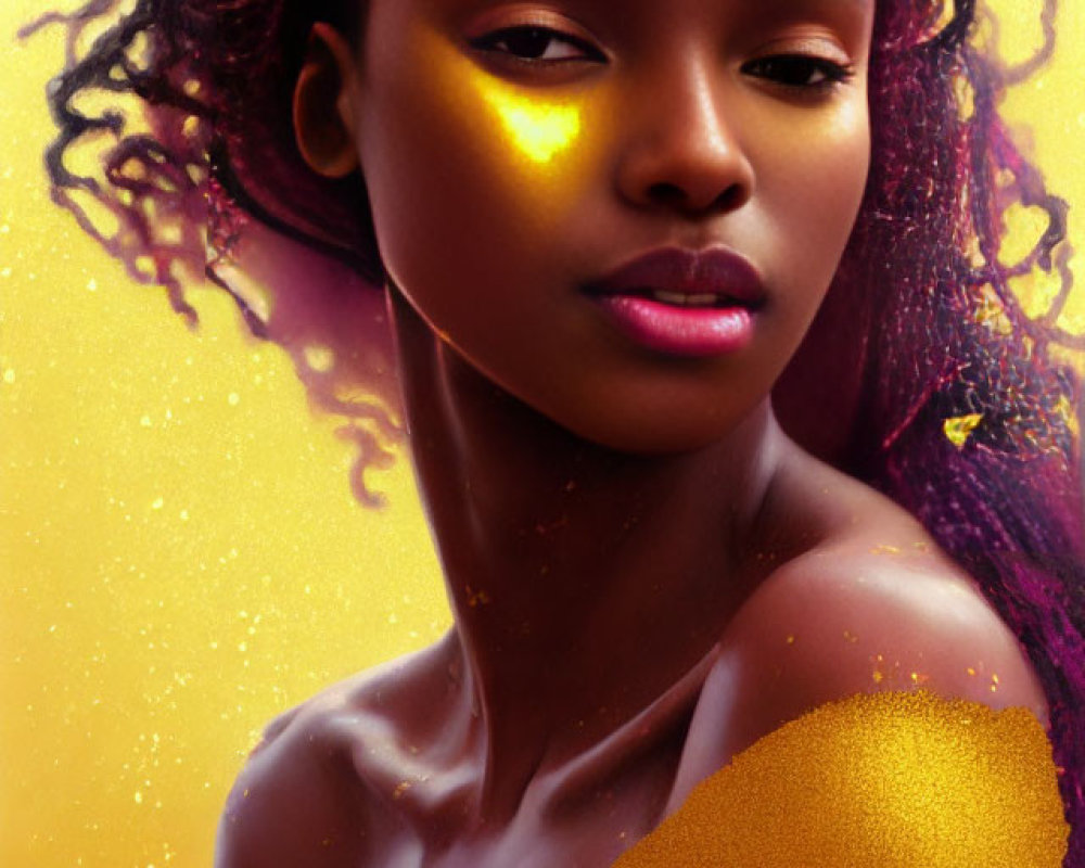 Portrait of woman with glowing yellow highlights against golden backdrop