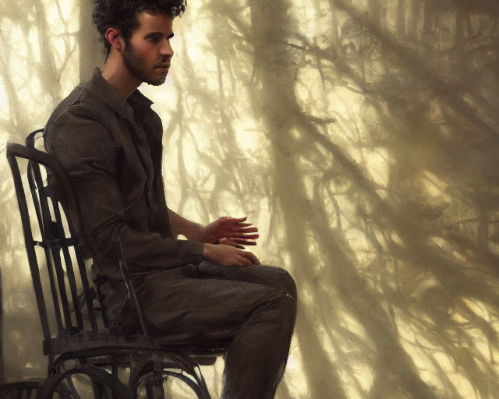 Person sitting on chair in ethereal forest fog.