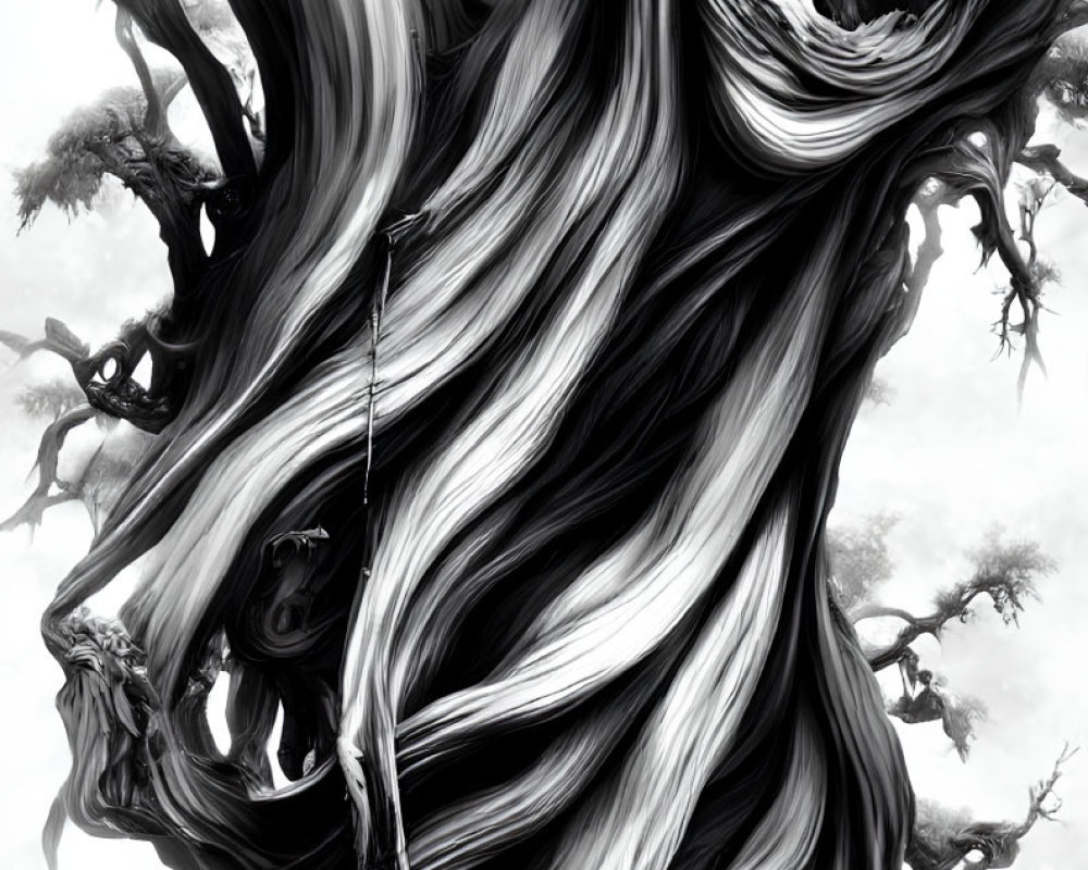 Monochrome artwork of intricate, eye-shaped tree in twisted forest