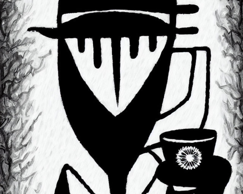 Monochrome abstract art of figure with eye head holding floral cup