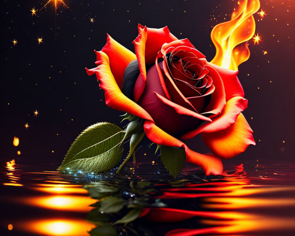 Colorful Rose with Fiery Trail and Sparkling Stars on Dark Water Surface