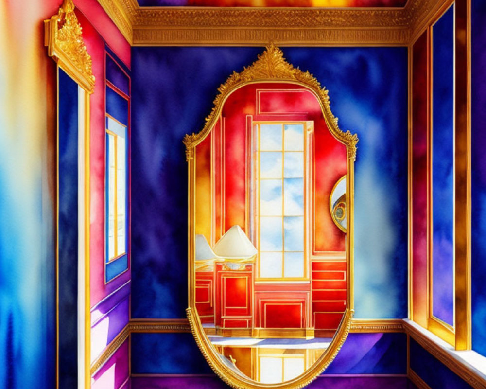 Colorful surreal room with golden-framed mirror, blue and purple walls, and fiery ceiling