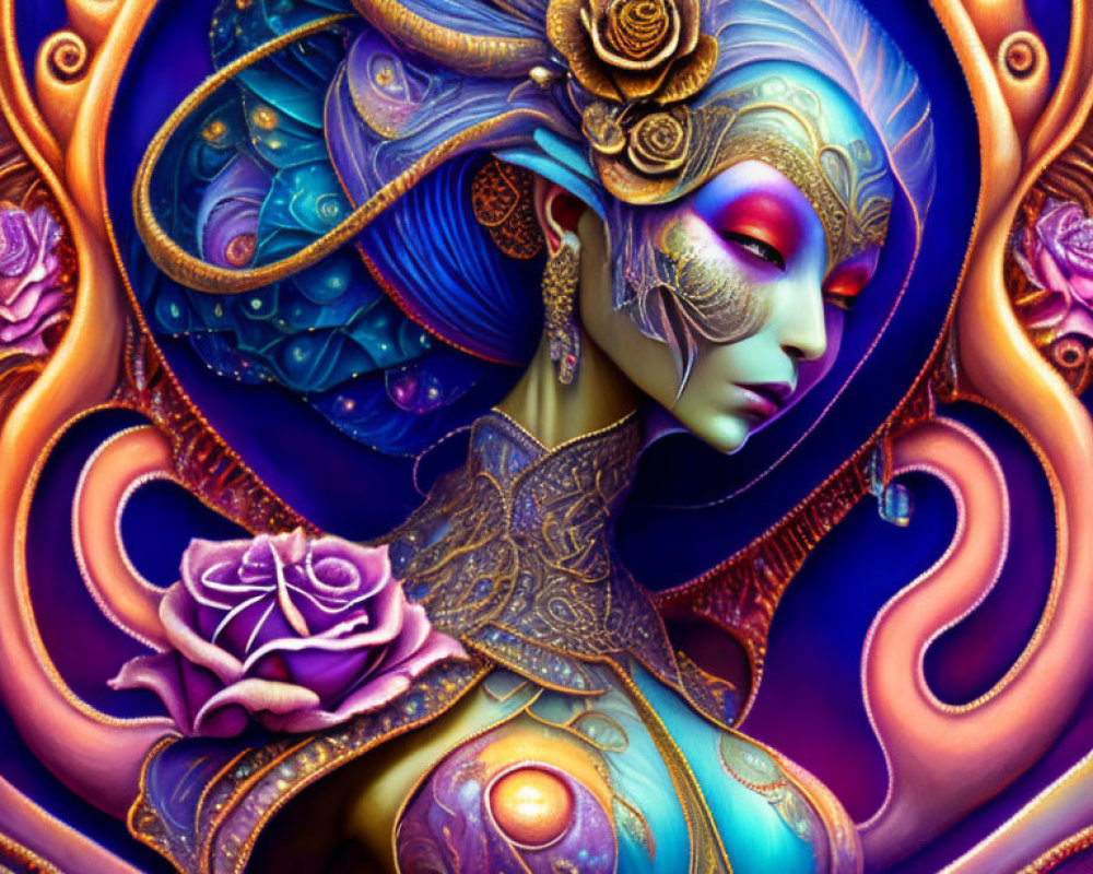 Stylized woman with ornate headdress in vibrant digital artwork