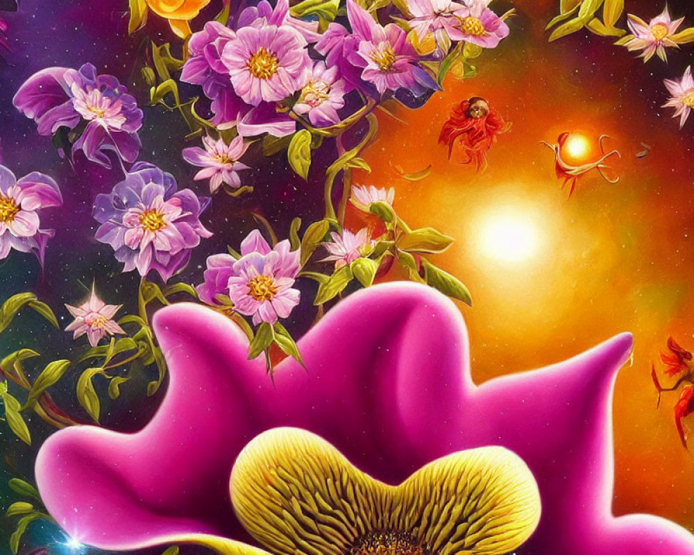 Colorful digital artwork of pink fantasy flower, whimsical creatures, and space backdrop