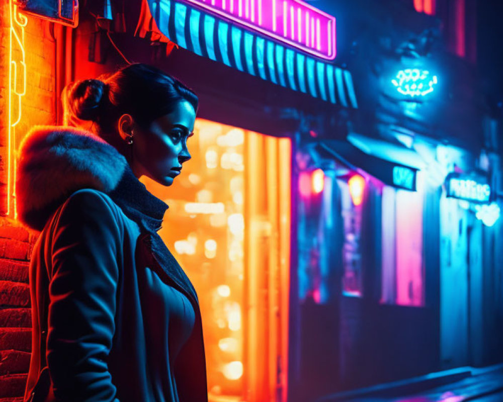 Woman in fur collar coat by neon-lit storefront at night