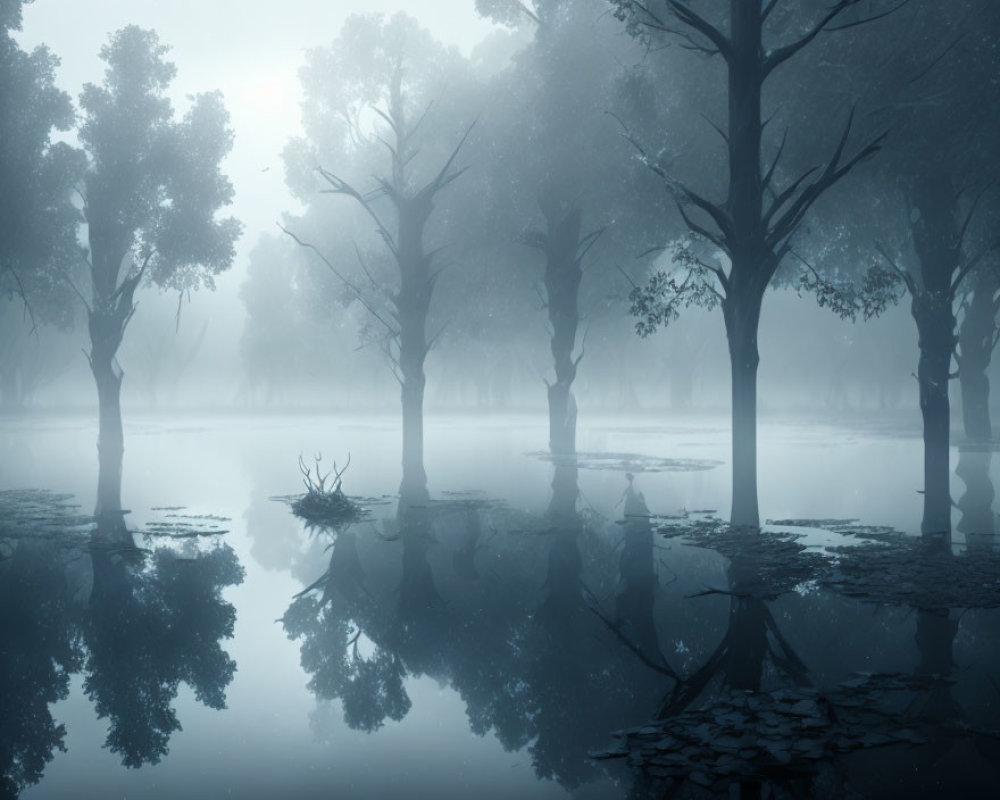 Misty landscape with reflective water and leafless trees