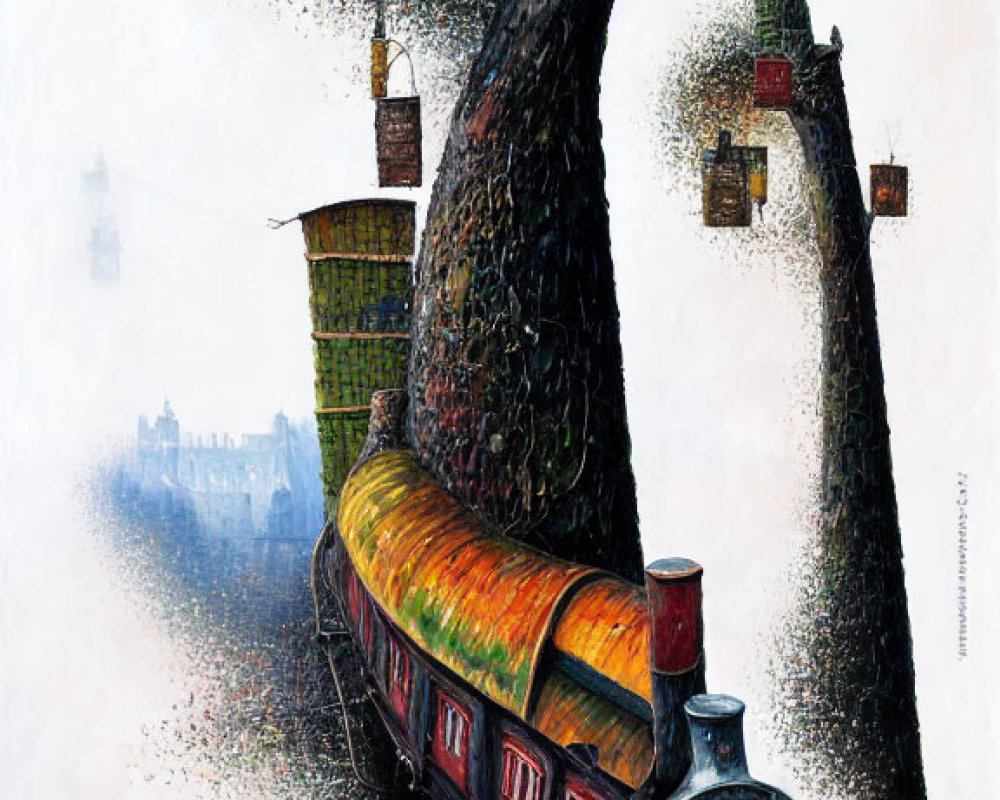 Colorful painting of train, lanterns, tree, castle silhouette