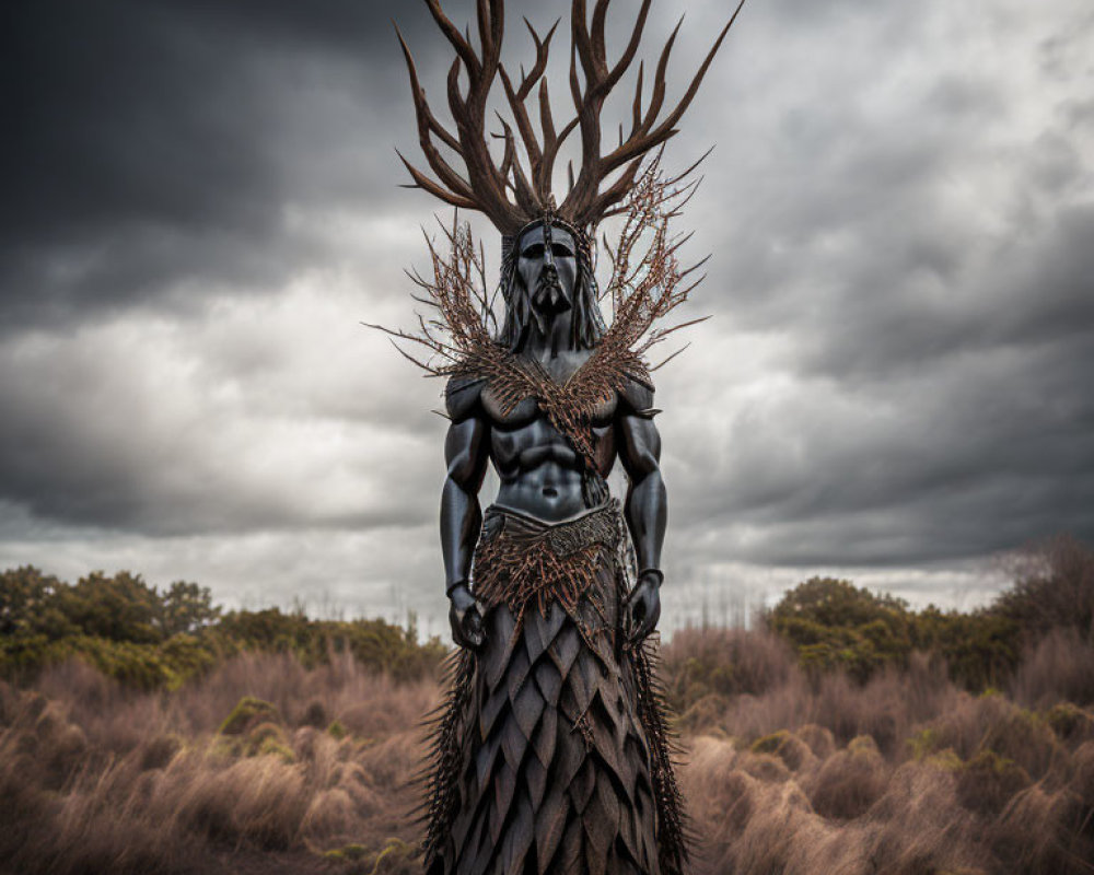 Elaborate Dark Fantasy Costume with Towering Antler Headdress in Barren Landscape